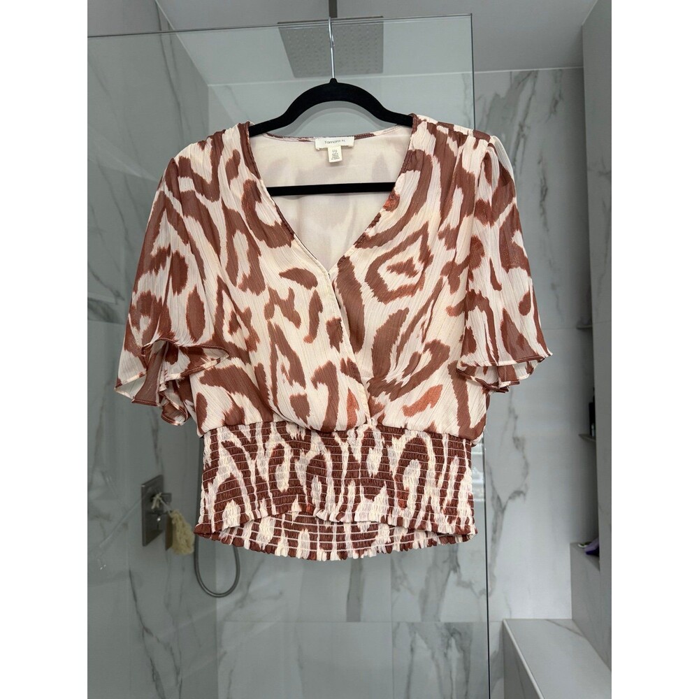 Tamara H Faux Wrap Flounce Sleeve Blouse Size Large